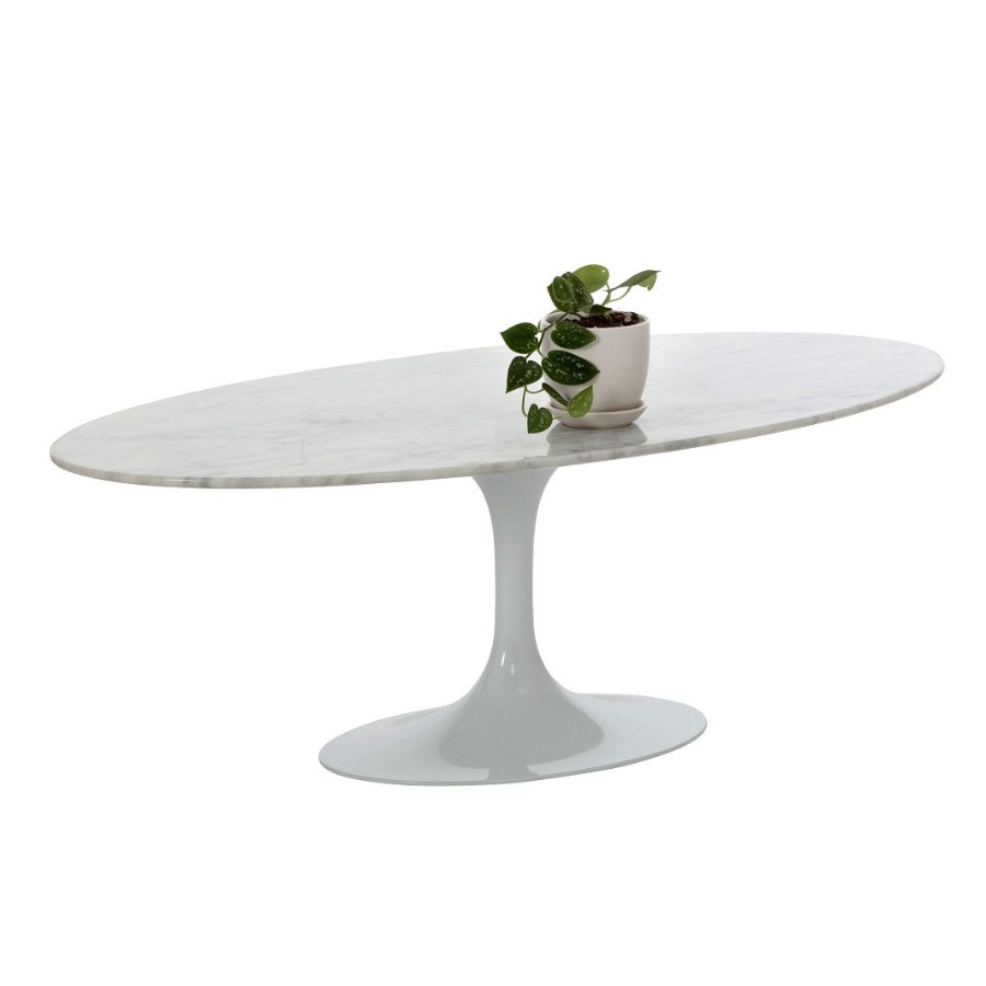 Oval Coffee Table with a White Marble Tabletop 120cm long by 60cm wide with a White Aluminium stem Base