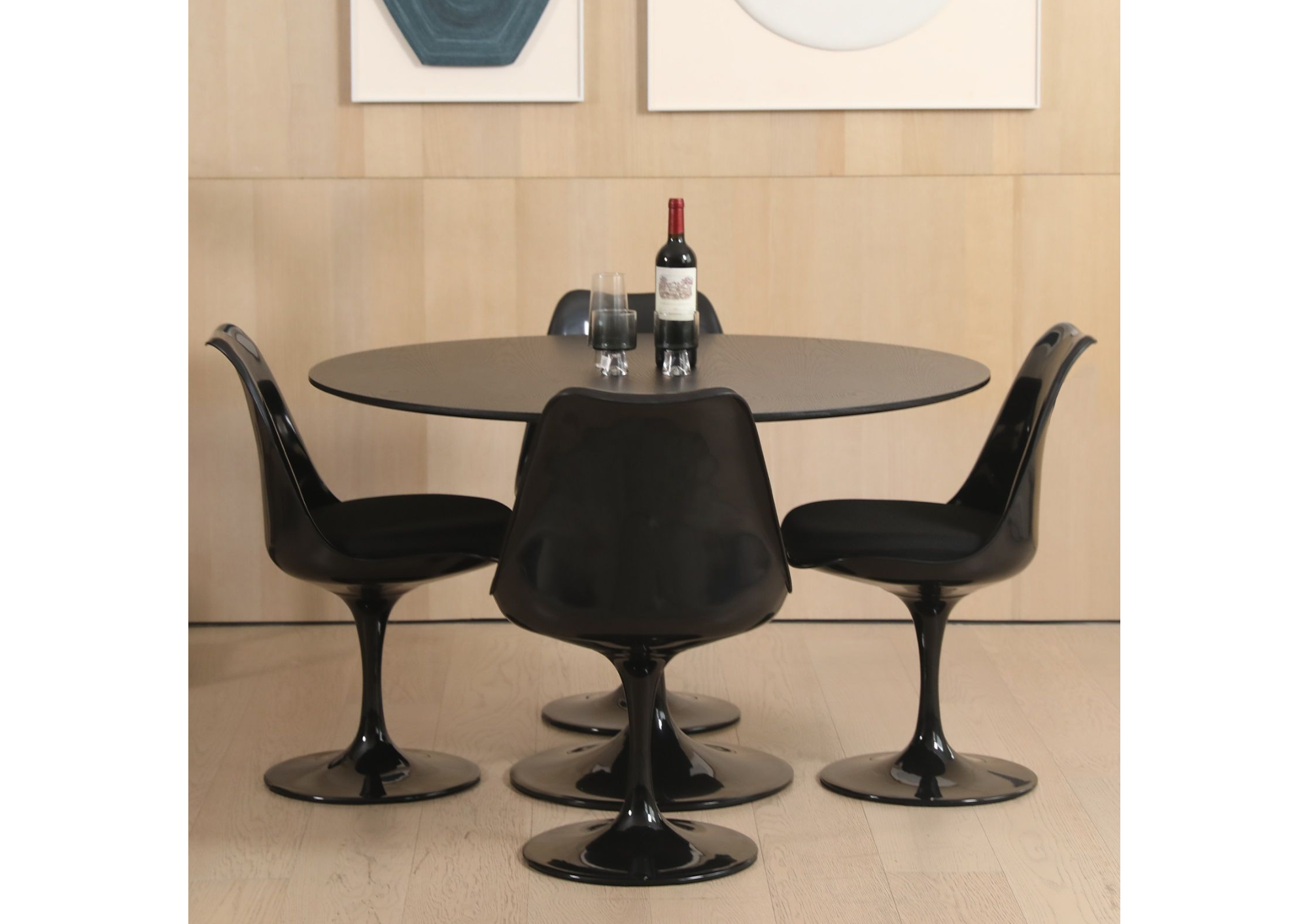 Black Friday Deal: Replica Tulip Chairs & Table Set on Sale! Black Friday set of black Replica Tulip Dining Chairs around a white Replica Tulip Table.
