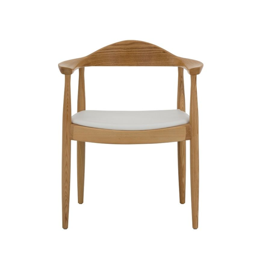 Replica Hans Wegner Round Chair with Ash Timber Frame and White Cushioned PU Seat Pad 