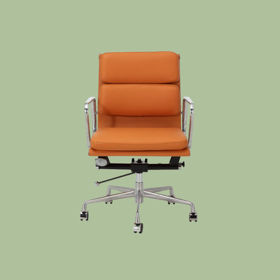 Replica Charles Eames Soft Pad Tan Office Chair – Low Back with Arms Tan Leather Office Chair with soft padding on seat and back rest, chrome frame and armrests with swivel and height adjust mechanism