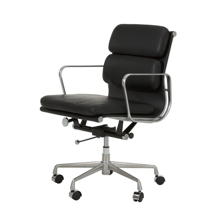 Replica Charles Eames Black Low Back Office Chair Soft Cushioned Replica Charles Eames Black Office Chair with Cushioned Back and Seat Pad, Aluminium Arm rests and Seat Frame with adjustable height