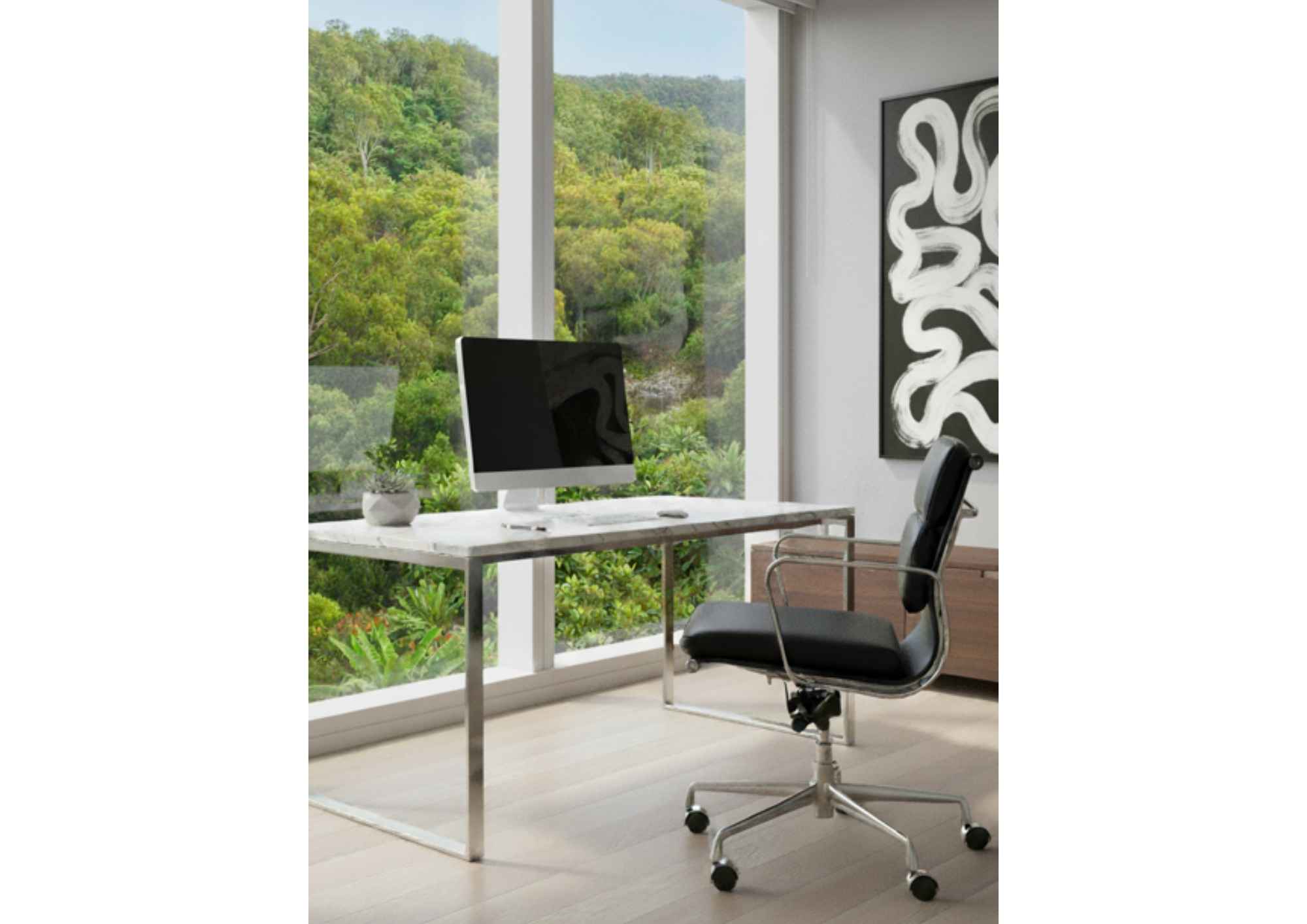 Elevate your home office with a sophisticated black leather chair. Elegant black leather office chair in a stylish modern office with a large window overlooking lush greenery.