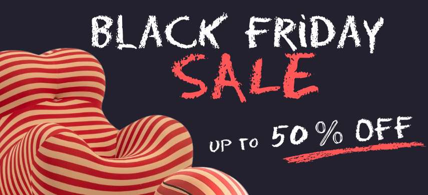 Black Friday & Cyber Monday Sale: Shop 50% Off Replica Furniture Now! Black Friday Sale banner with 50% off furniture deals featuring the red Replica Up Chair.