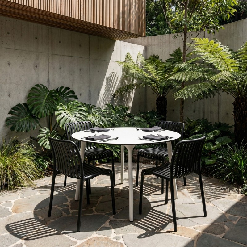 Black Bordeaux chairs arranged around an outdoor dining table for a summer dinner party.