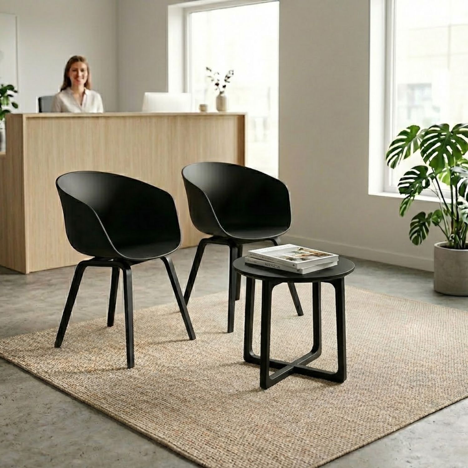 Black Replica Hee Welling Macey chairs paired with a black ash wood Astrid side table in a modern commercial clinic waiting room.