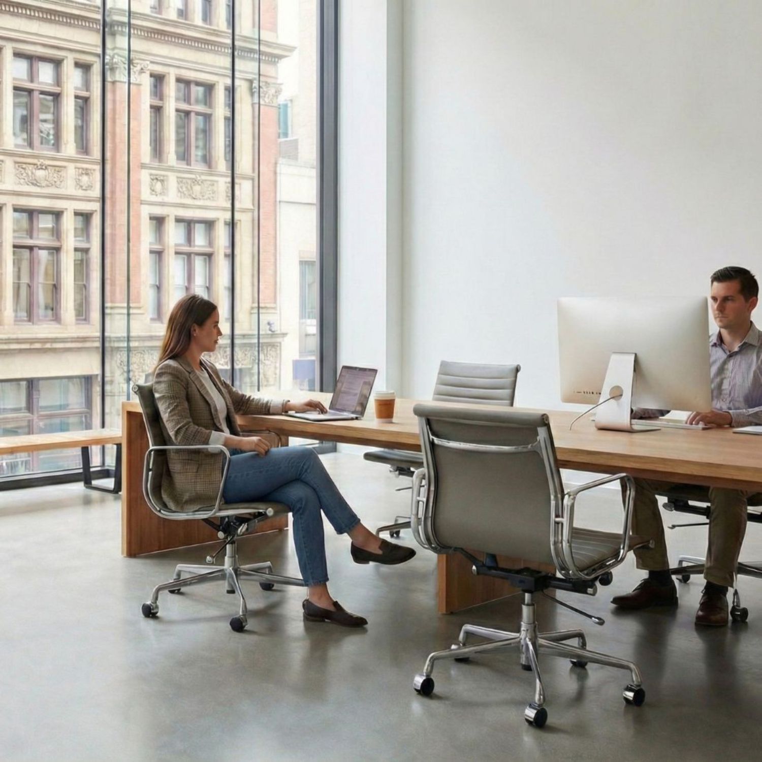A professional boardroom setting featuring a suite of the low-back chairs, showcasing how the tan color adds warmth to corporate spaces. A professional corporate boardroom featuring the Replica Charles Eames Low Back Office Chair for a cohesive B2B fit-out.