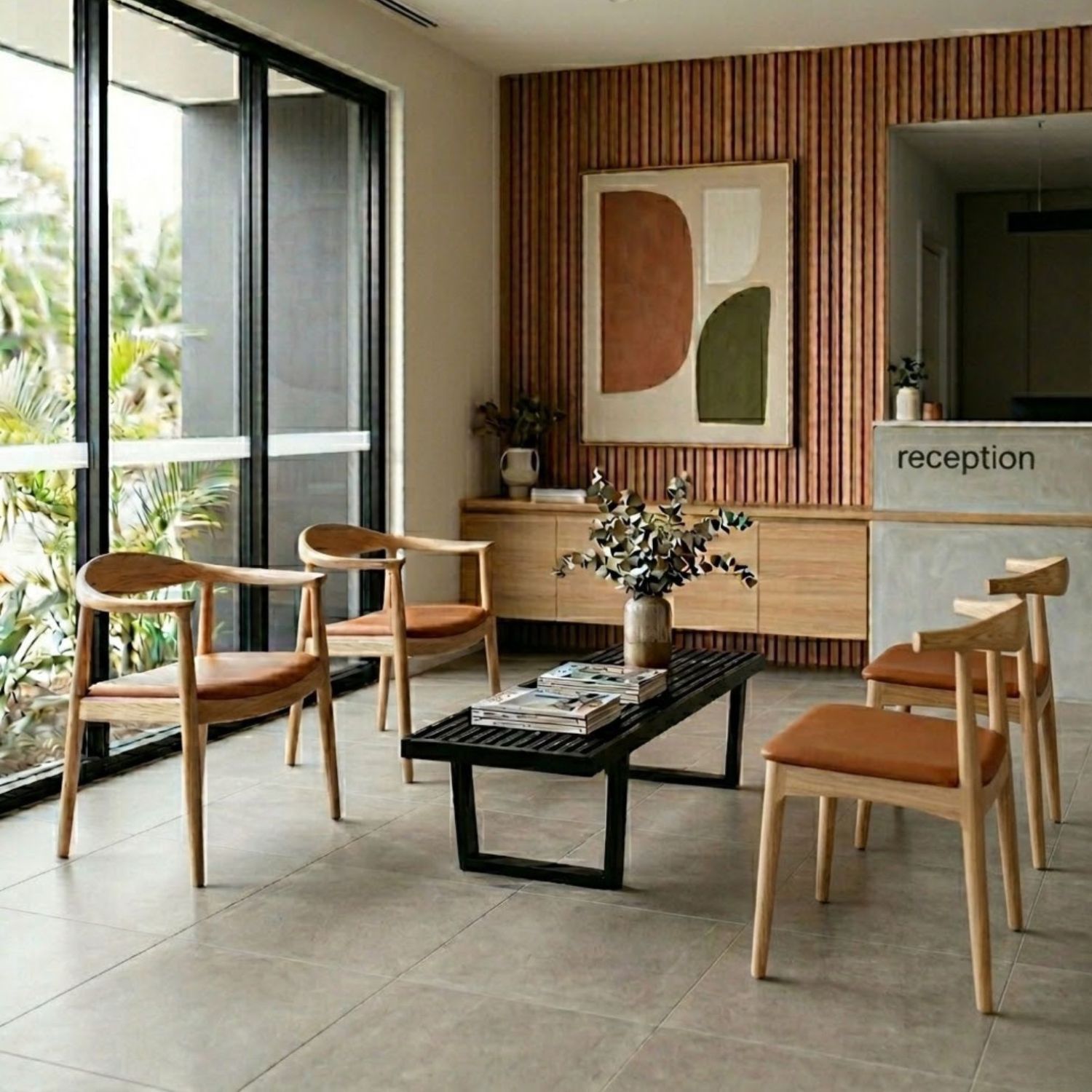 Solid timber Replica Hans Wegner Round and Elbow chairs with tan seats in a premium dental clinic reception area