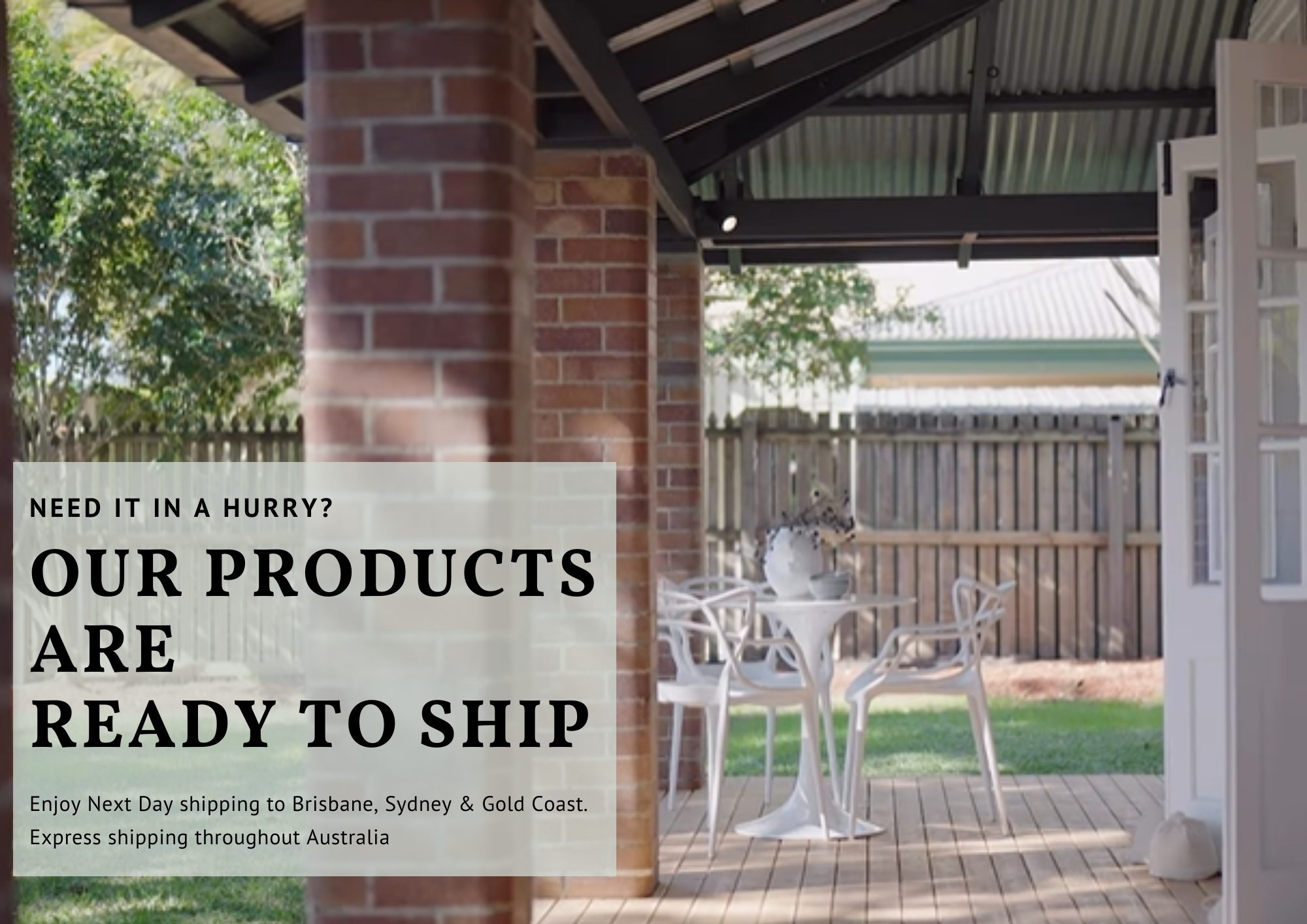 Image highlighting Replica Furniture's commitment to in-stock items and quick transport to Brisbane, Melbourne, and Sydney.