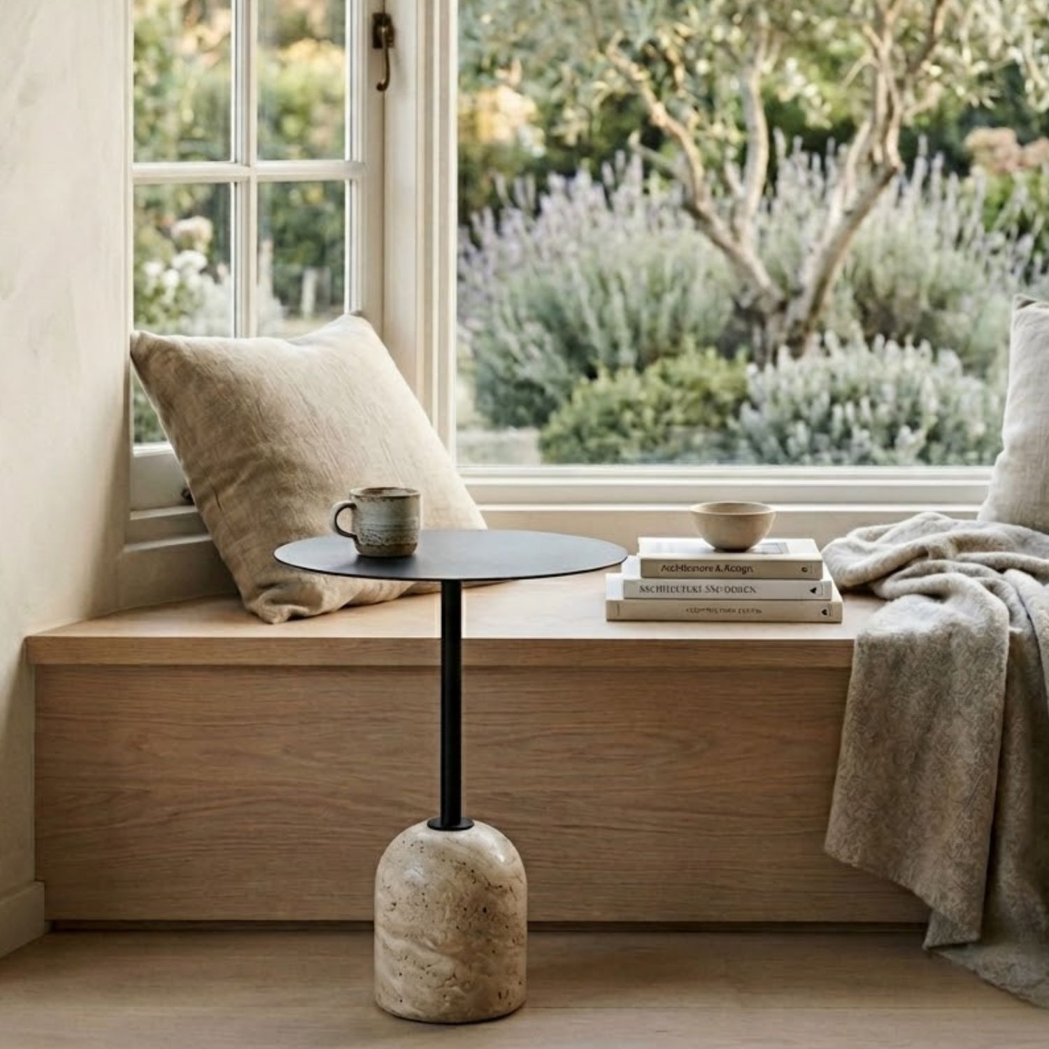 Shop the Pravina Travertine Side Table A genuine travertine side table featured in a bright, organic modern Australian living room