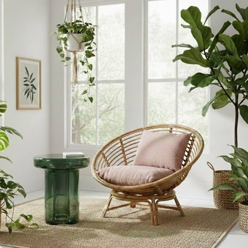 A Green Napier Glass Side Table styled with lush indoor plants and botanicals, demonstrating a nature-inspired living room aesthetic.
