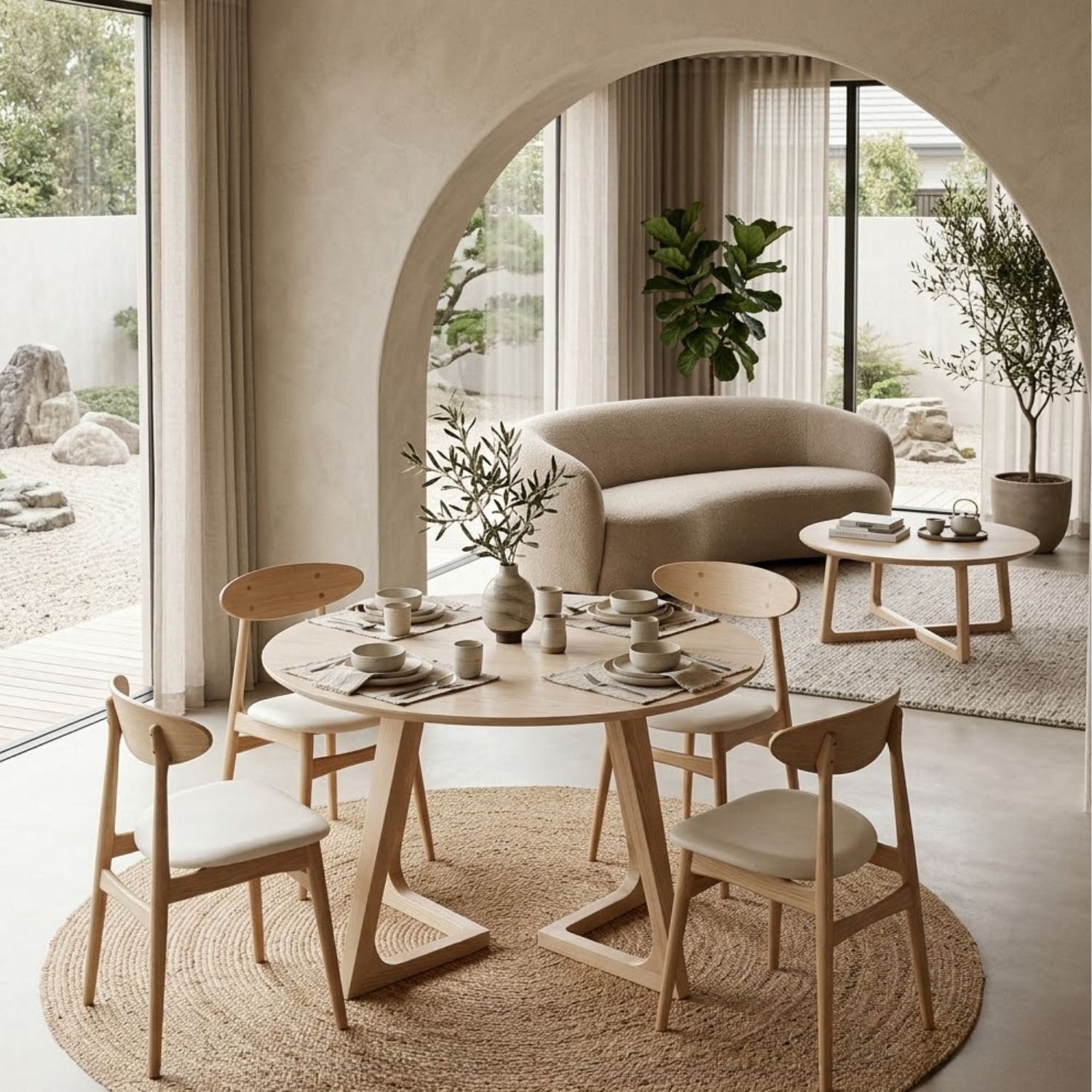 View the Kantet Dining Table and Astrid Timber Range An open-plan organic modern space featuring the stone Kantet dining table and a solid timber Astrid coffee table.