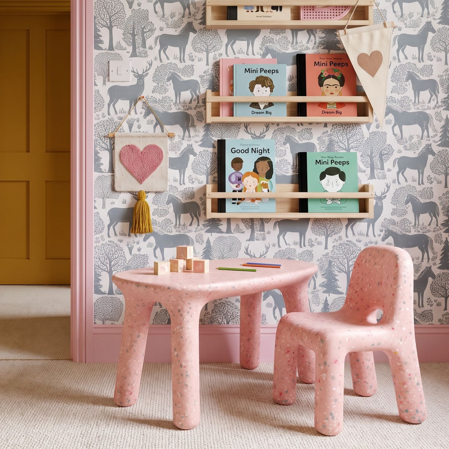 Blush Pink Kids Confetti Table and Chairs Set Blush pink kids confetti table and chairs set in a whimsical modern children's bedroom.