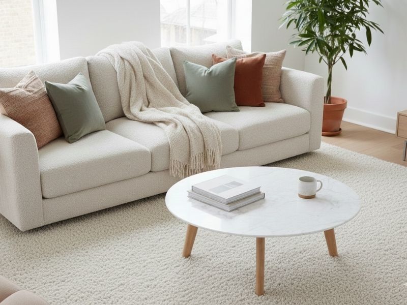 Lund Round Marble and Timber Coffee Table, showcasing the contrast between natural stone and warm wood.