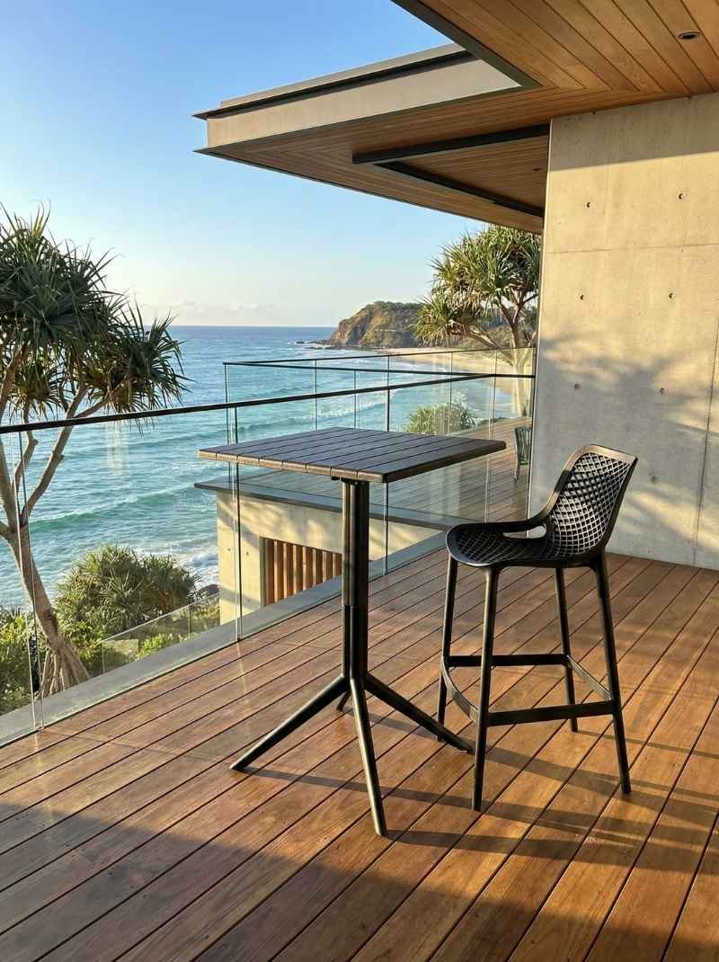 Ozone Bar Table and Ozone Bar Stools styled on a deck with an ocean view, demonstrating their durability for coastal outdoor living.