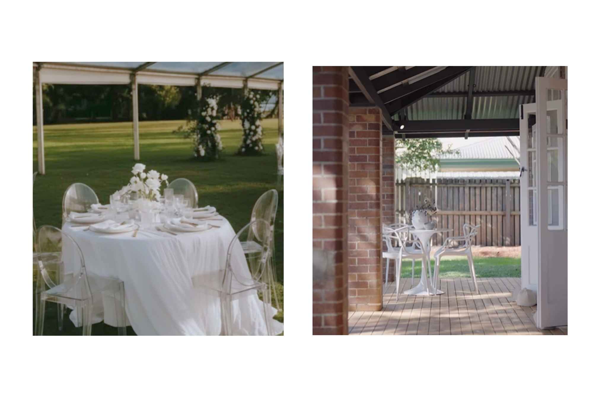 Versatile clear plastic Ghost dining chairs set up for both an outdoor event and a backyard patio. Two scenes of clear plastic dining chairs: one at an outdoor event, one on a backyard deck.
