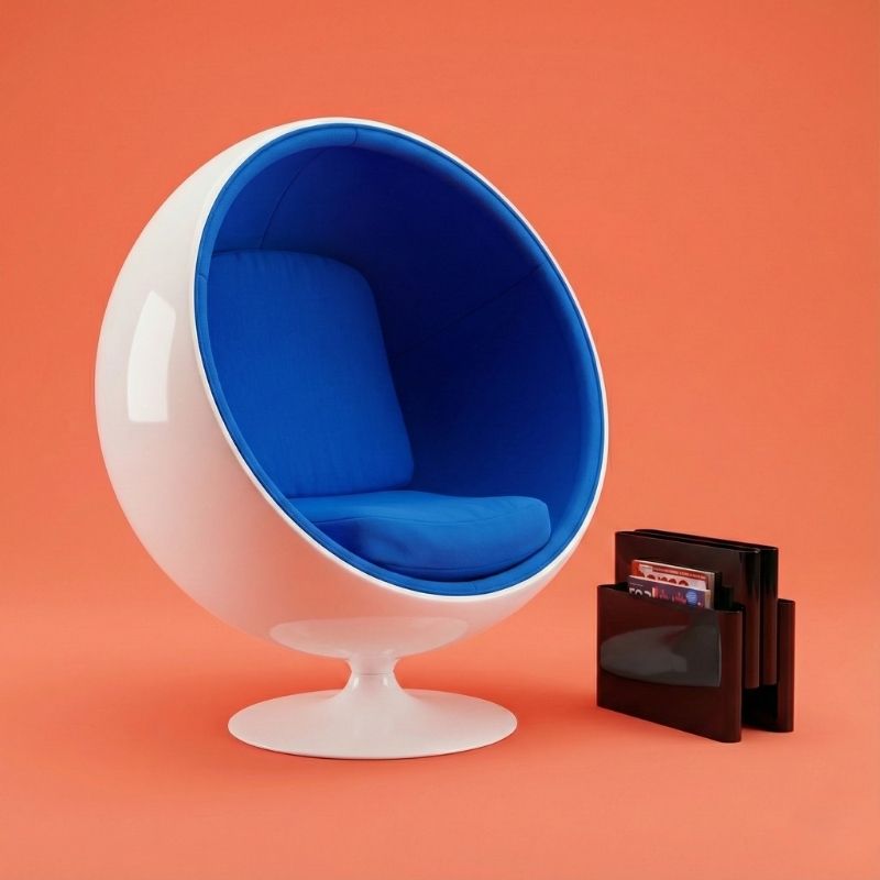 Styled studio shot of the Replica Eero Aarnio Ball Chair and Replica Giotto Stoppino Magazine Rack against a vibrant plain coral orange background, highlighting 1960s pop design.