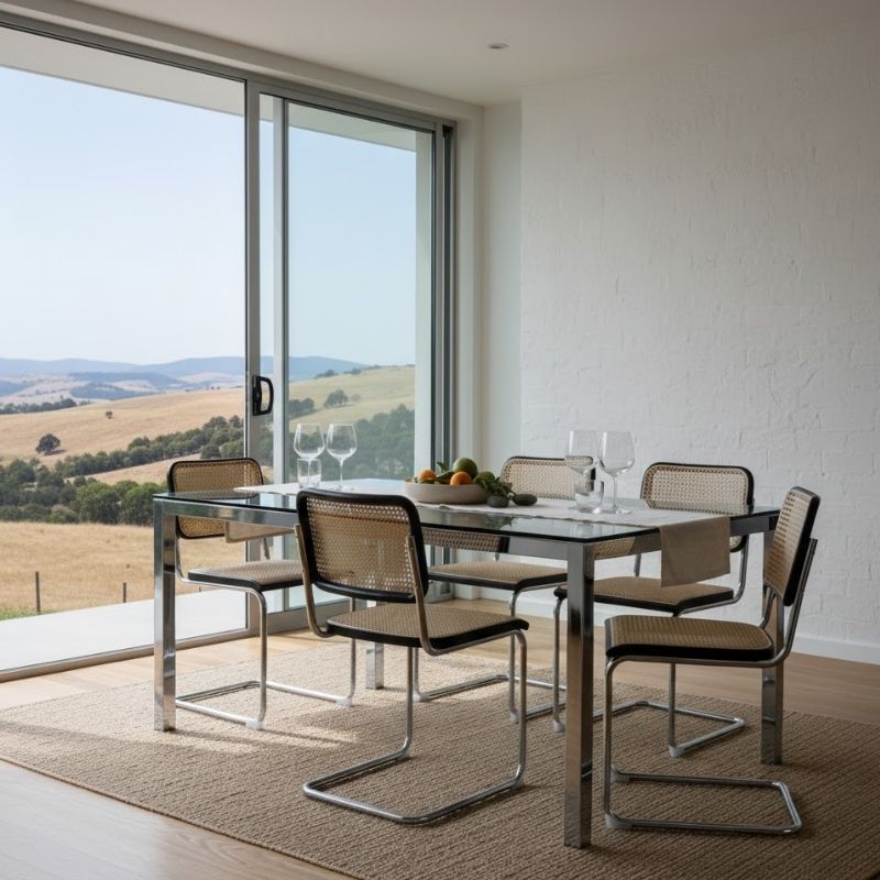 Shop the Replica Cesca Cane Chair. Replica Marcel Breuer Cesca Cane Chairs with tubular steel frames around a glass dining table.