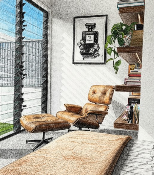 Create a living room focal point with an iconic armchair. Replica Charles Eames Lounge and Ottoman in a styled, light-filled living room.