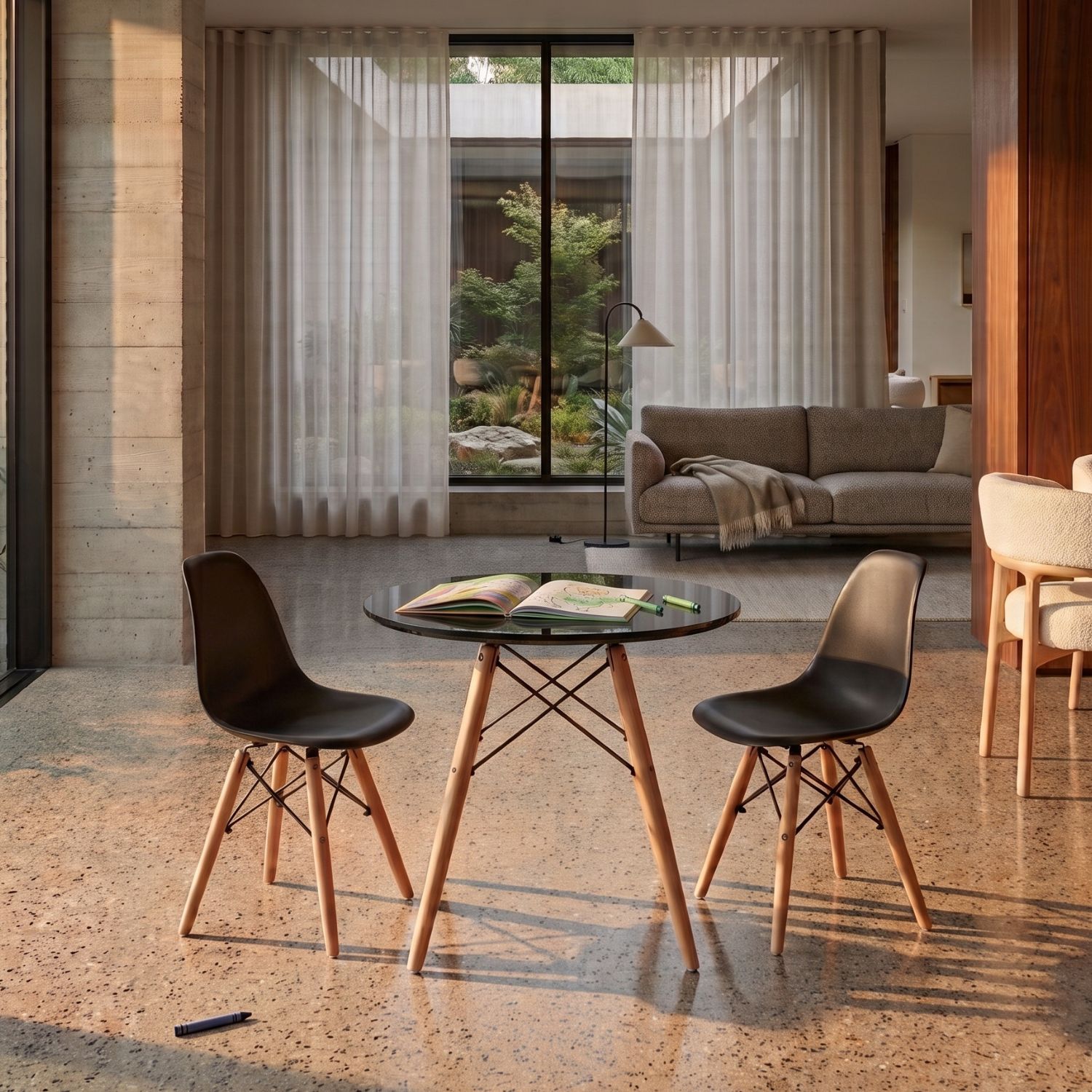 Replica Charles Eames Kids Table and Chairs Replica Charles Eames kids table and chairs in a modern living space.