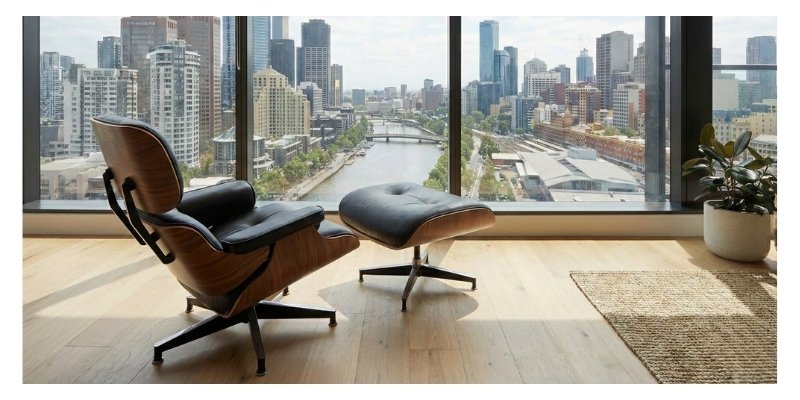 High-quality black leather Replica Charles Eames Lounge and Ottoman ready for fast shipping to Melbourne metro.