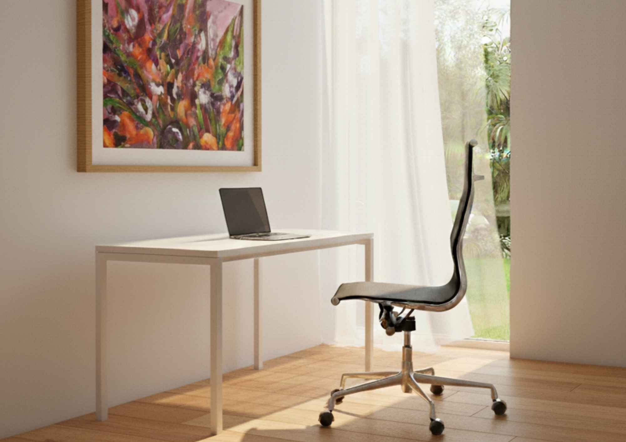 Find your breathable black mesh office chair for comfortable WFH. Black mesh Replica Charles Eames Office Chair in a sunny home office setup, emphasizing breathability for WFH.