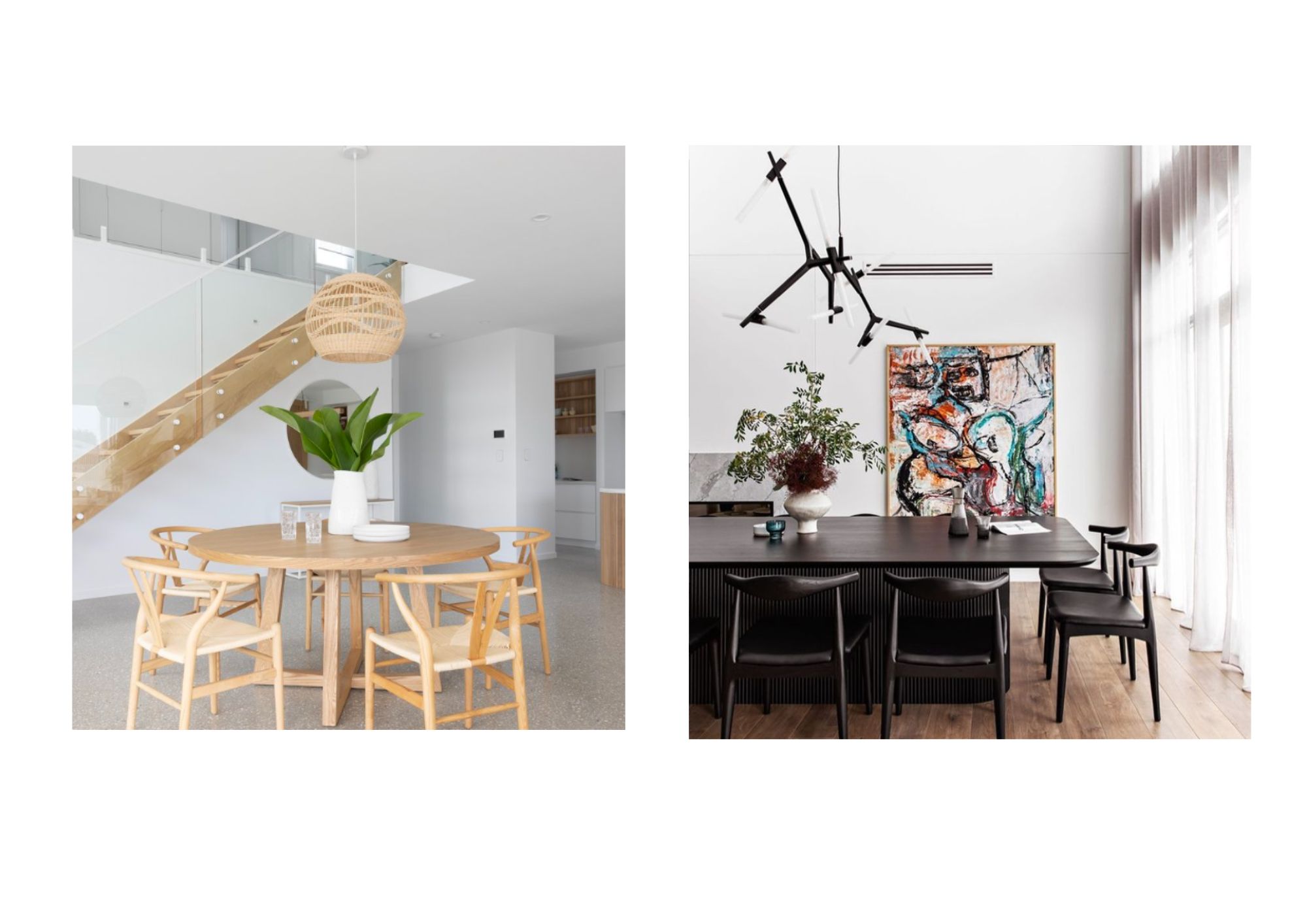 Find your perfect match: Compare modern and classic dining chair styles. Contrasting dining chair styles: a light Scandi timber set around a round table vs. dark modern chairs around a rectangular table.