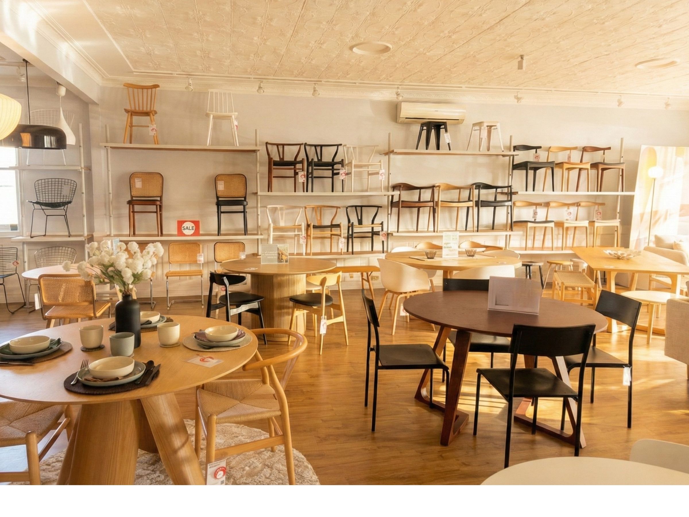 Inside the Replica Furniture showroom in Kedron, Brisbane, showing real stock available for viewing.