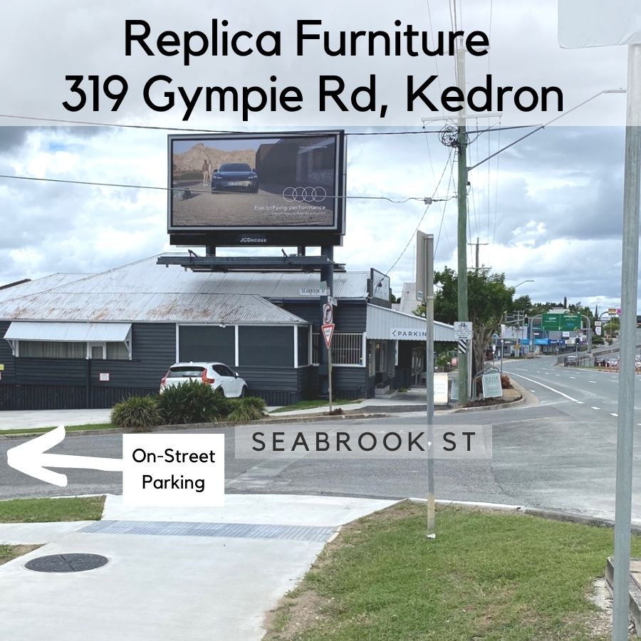 Map showing additional customer parking on Seabrook St, Kedron. Turn left into Seabrook St before the Replica Furniture Showroom. Parking is on the city-bound side of the road.