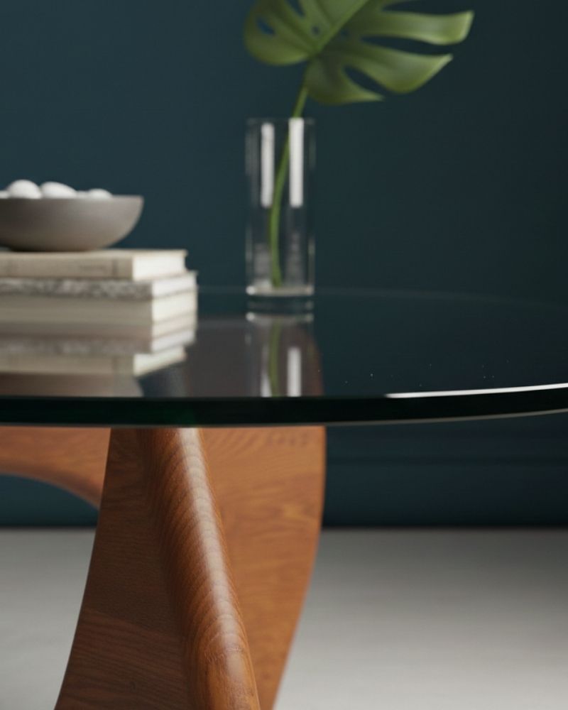 Close up detail of the 15mm thick tempered safety glass edge on a Replica Isamu Noguchi coffee table.