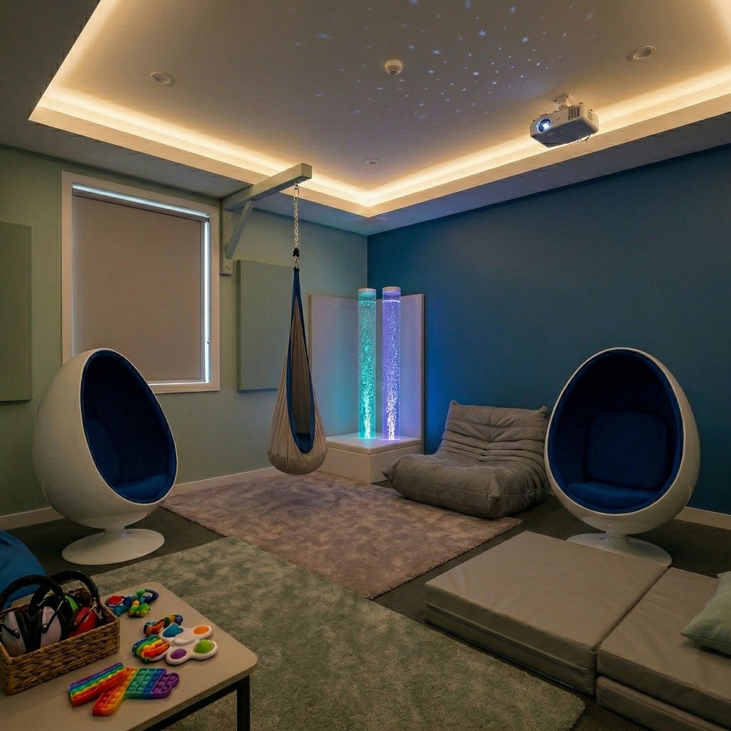 A blue Replica Ovalia retro 1970's fiberglass swivel chair creating a calming, acoustic dampening retreat inside a school sensory room.