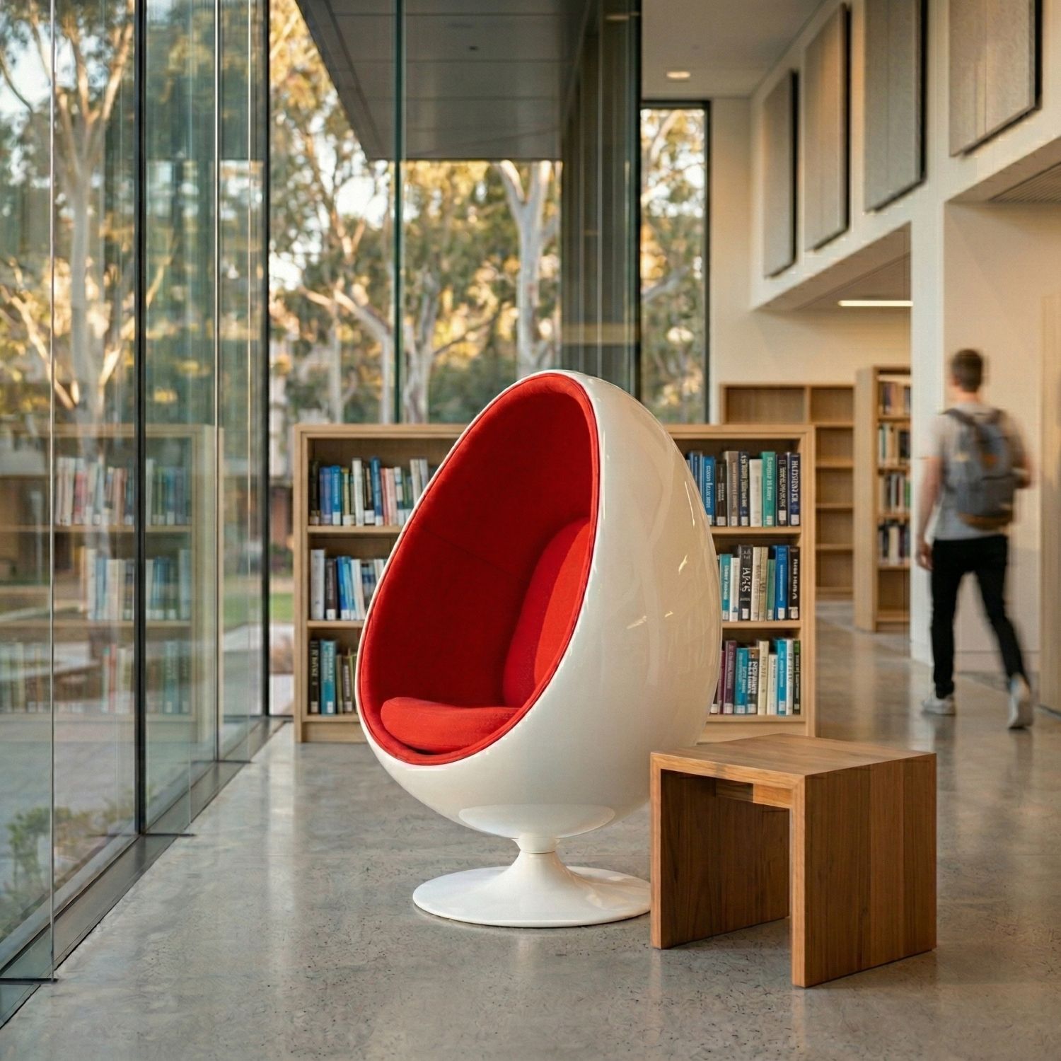 A vibrant red fabric Replica Ovalia Egg Chair positioned as a private study retreat in a university campus library.