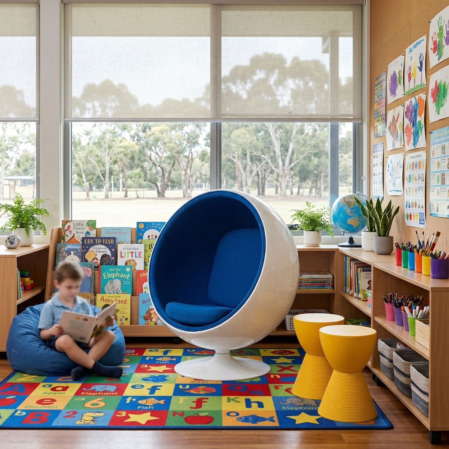 The blue Replica Premium Ball Chair styled as a cozy, neuro-inclusive reading pod in a modern primary school library.