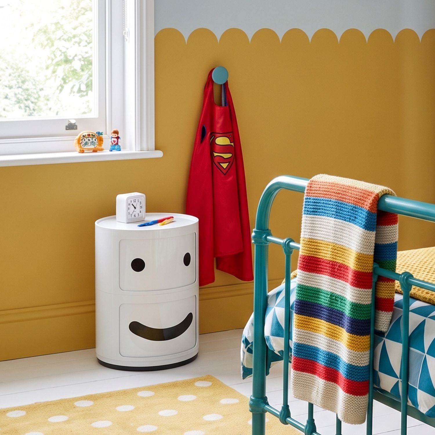 Replica Smiling Componibili Storage Unit Replica Smiling Componibili storage unit used as a fun bedside table in a bright yellow kids bedroom.