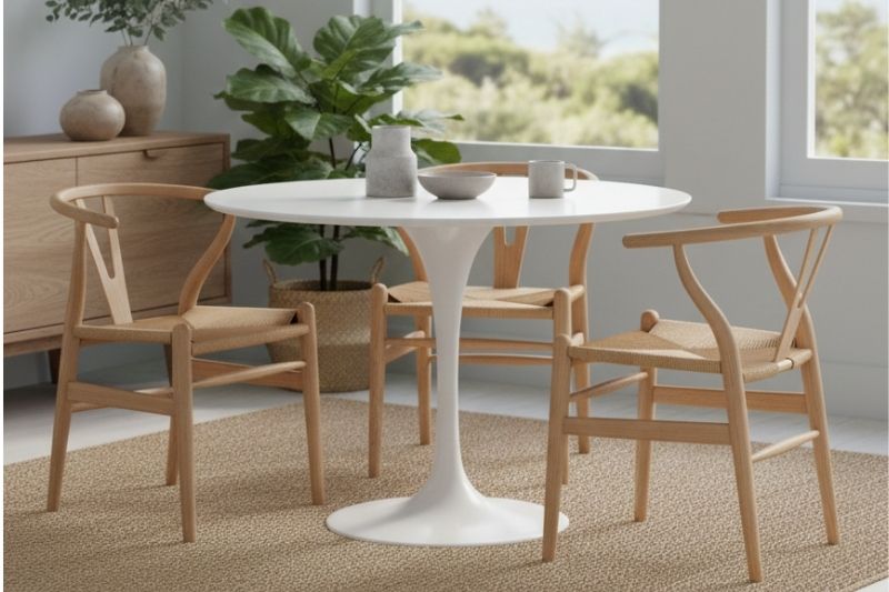 Shop Timeless Timber Chairs for your dining room. Modern dining setting featuring timber Replica Wishbone Chairs paired with a white round Replica Tulip Table.