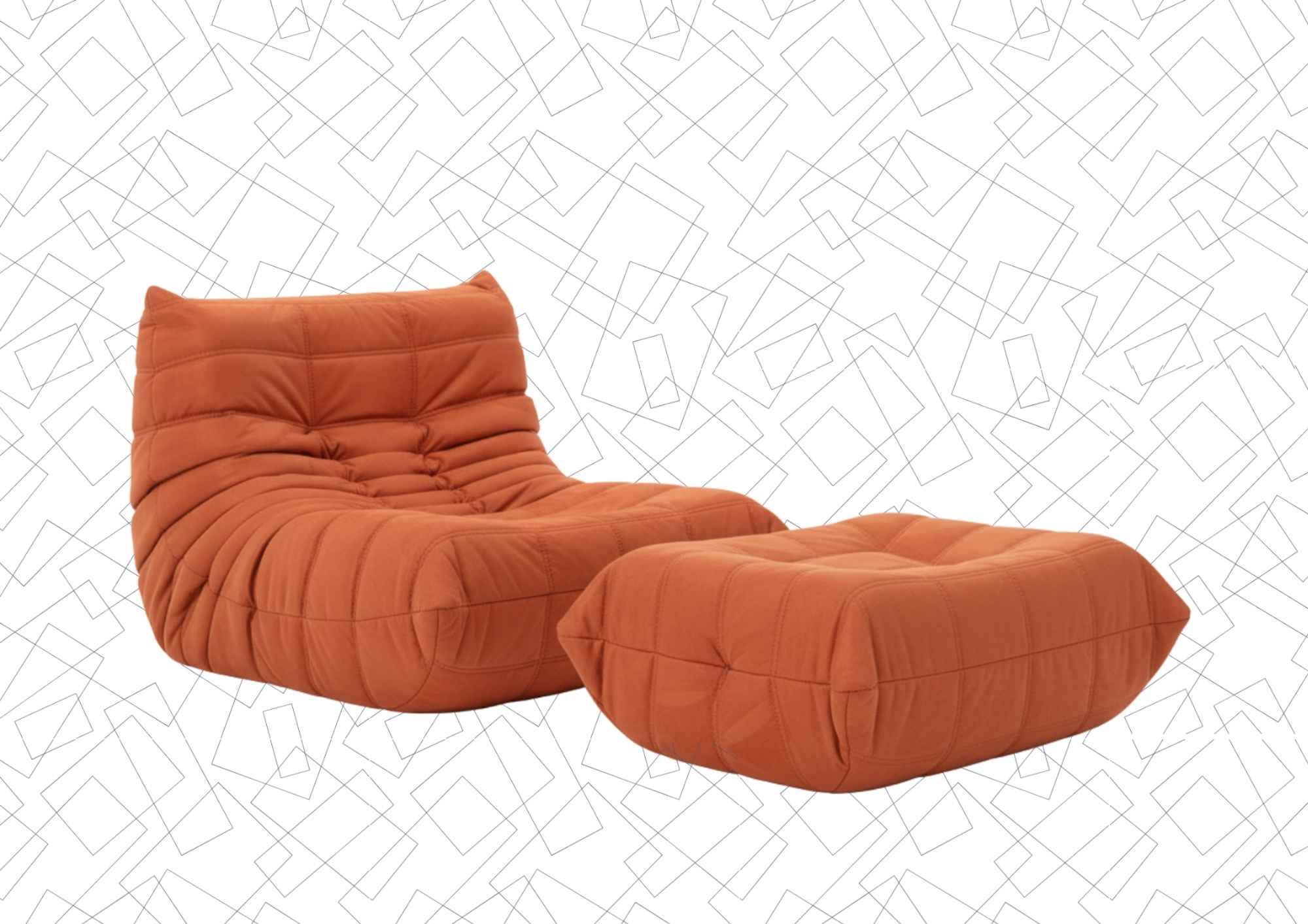 Close-up of a Replica Togo Ottoman in a Rust color fabric, highlighting material texture and color choice.