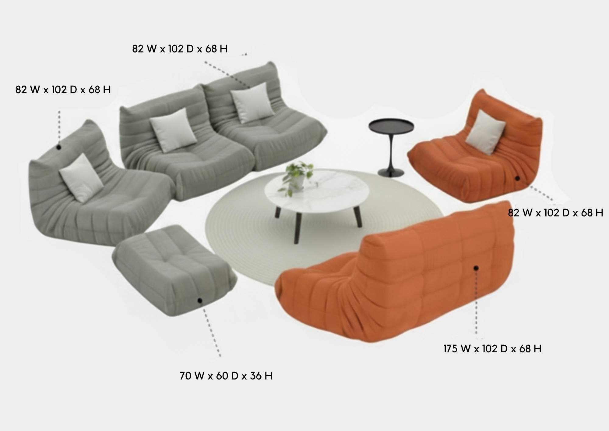 Diagram illustrating the modular dimensions and configurations of the Replica Togo Sofa, Lounge Chair, and Ottoman pieces.