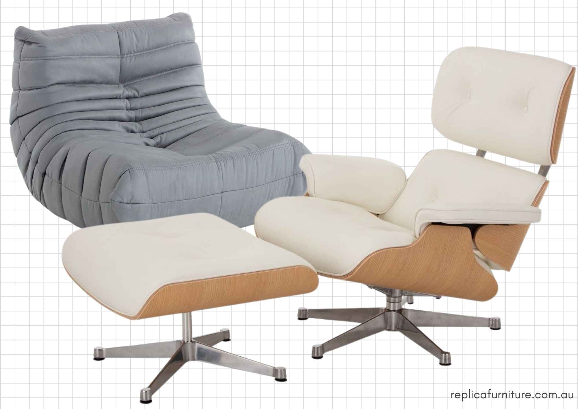 Side-by-side comparison: Grey fabric Replica Togo Lounge Chair and a white leather Replica Charles Eames Lounge Chair with ottoman.