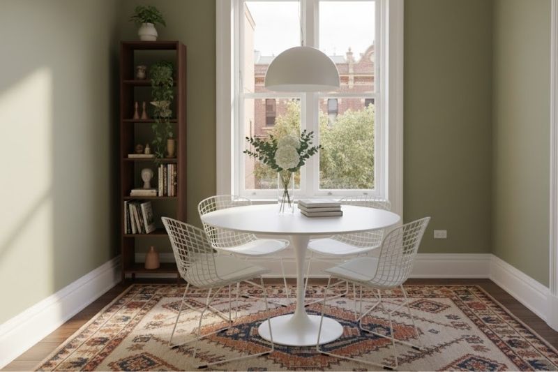 Shop the Replica Tulip Table for your Southbank apartment White Replica Tulip Table in a modern Southbank apartment dining nook.