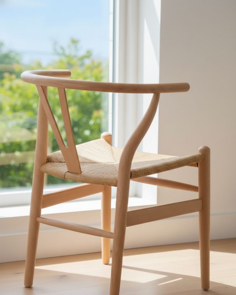 Close up of the steam-bent backrest on a Replica Wishbone Chair showing solid timber construction without finger joints.