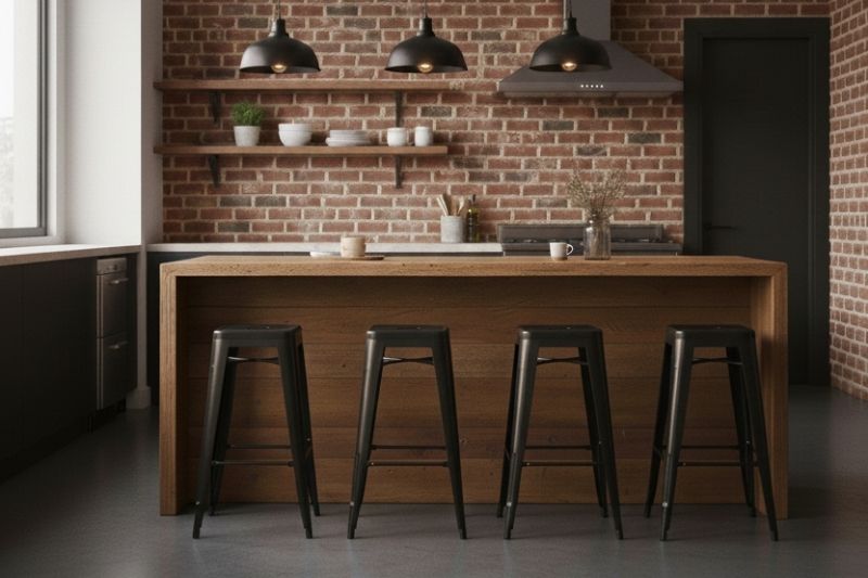 Shop Industrial Bar Stools for your Kitchen. Row of black Replica Xavier Pauchard industrial bar stools at a timber kitchen bench.