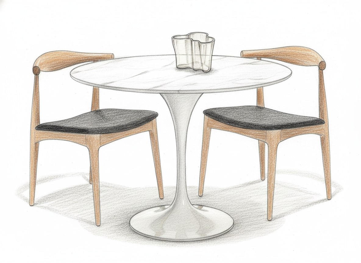 Shop Iconic Mid-Century Dining Chairs and Tables for your home. Sketch of a mid-century dining set featuring Replica Elbow Chairs and a Replica Tulip Table with a marble top.
