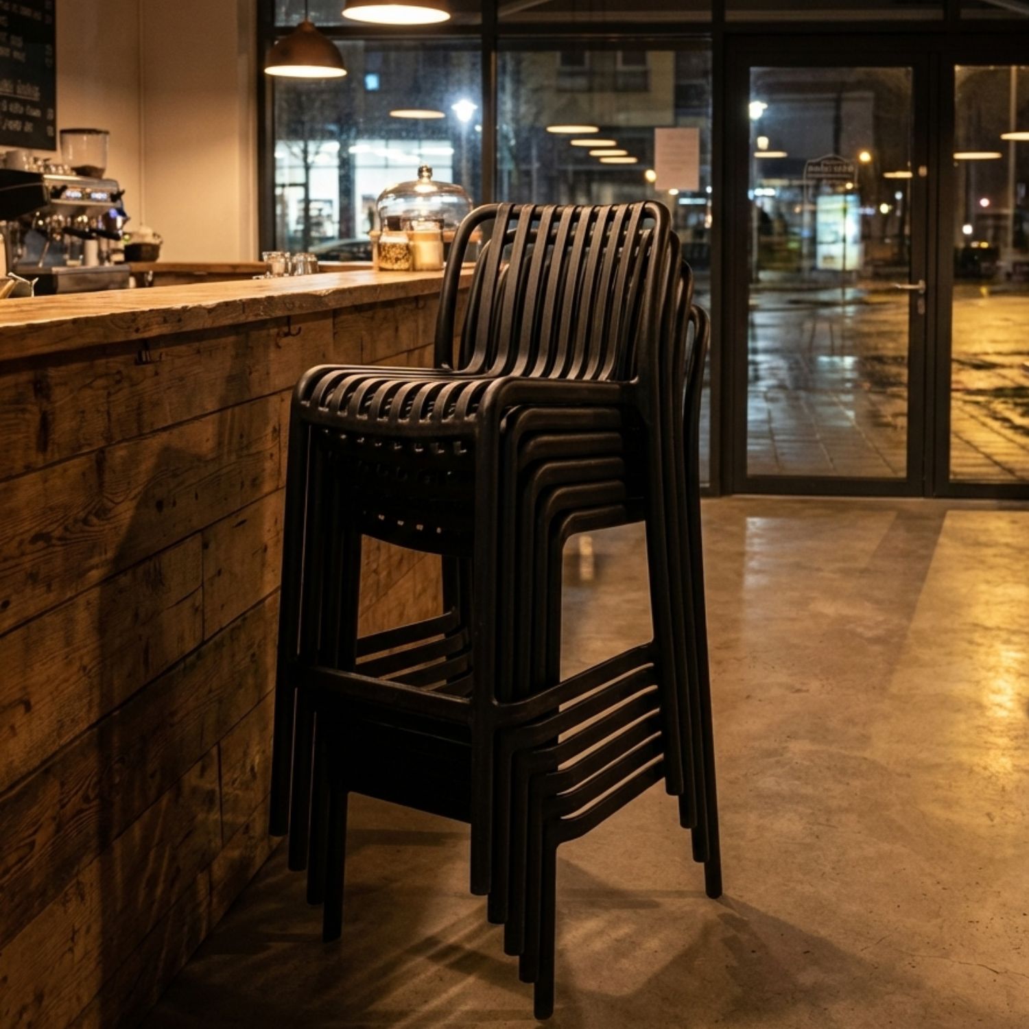 Heavy-duty commercial plastic chairs demonstrating space-saving efficiency with the Bordeaux Stacking Polypropylene Outdoor Counter Stool 65cm in Black.