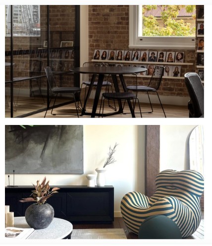 Replica Furniture: Design solutions for Sydney Offices and Homes. Split image showing a black Replica Kantet Table in a commercial Sydney office and a striped Replica Up Lounge Chair in a modern living room.