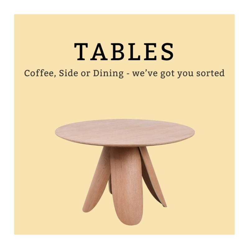 View All Tables: Coffee, Side, and Dining options. Round wooden dining table with sculptural legs, perfect for coffee, side, or dining use.