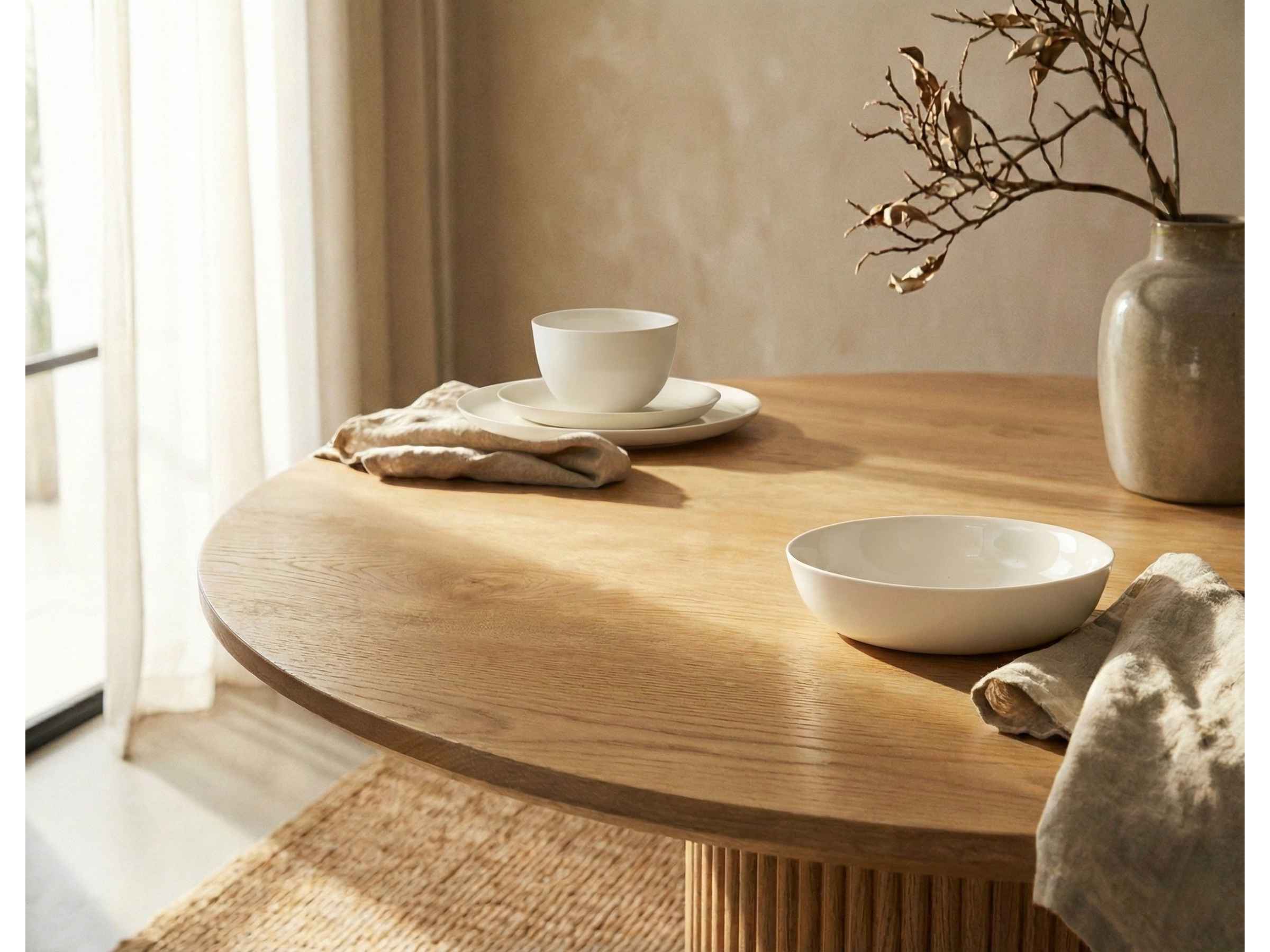 Shop the Tully Round Oak Dining Table. Tully Round Oak Dining Table with natural timber grain, showcasing soft curved edges for a minimalist dining room.