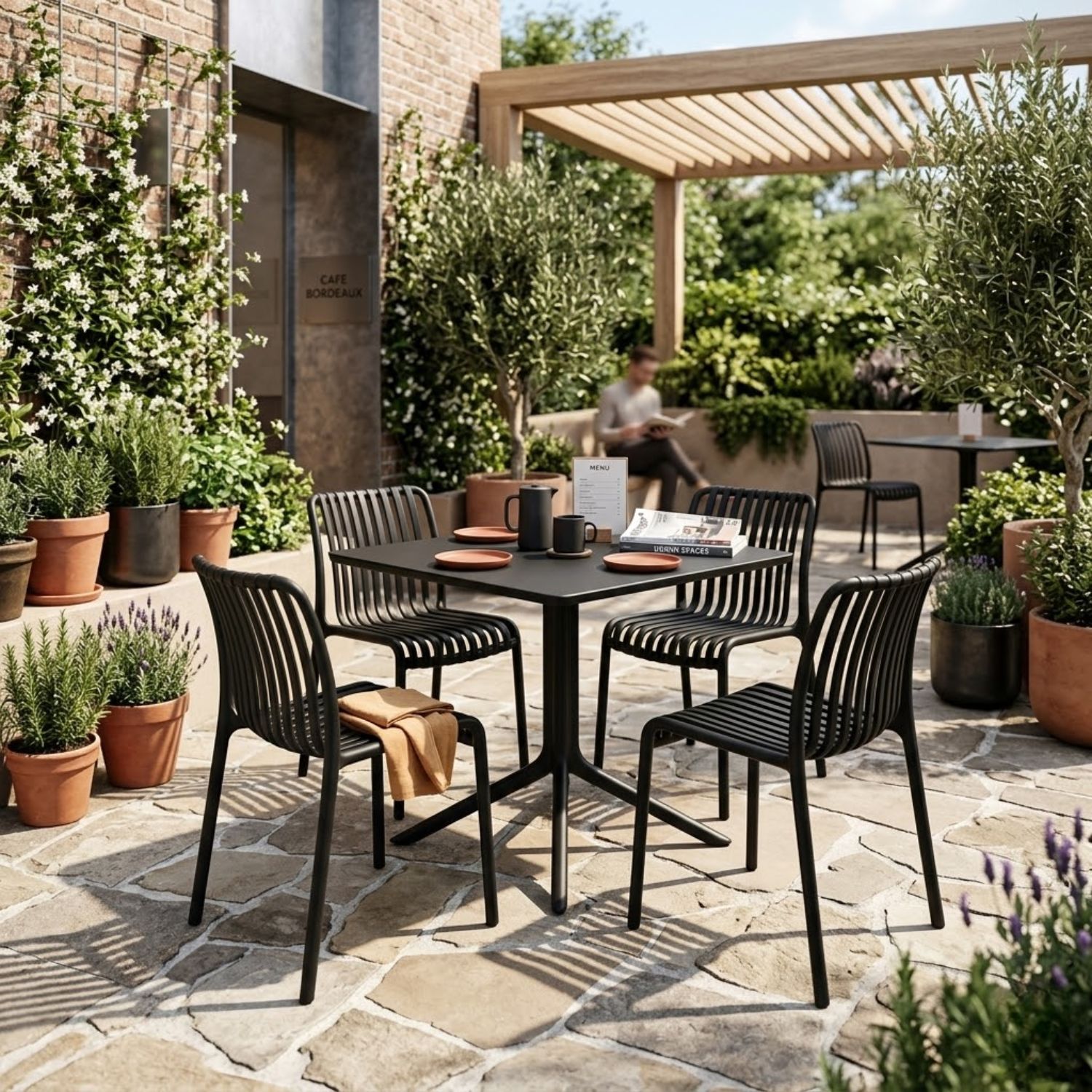 Bordeaux dining chairs in black placed around an Ozone 80cm Square Black Outdoor Table in an outdoor hospitality setting.